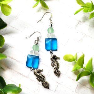 Beach Glass Earrings Silver Seahorse Charm Dangle Earrings